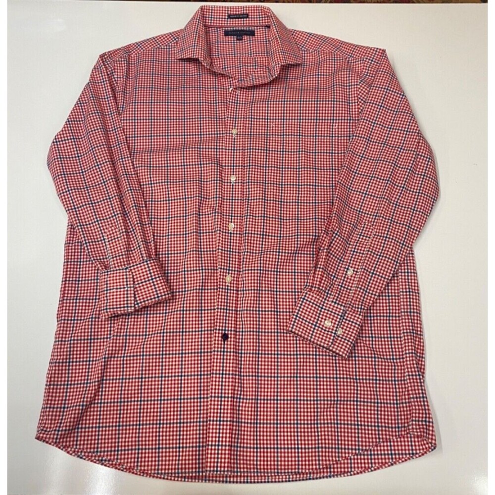 Tommy Hilfiger Red White & Blue Plaid Button Up 16.5 Regular Fit Non Iron Cotton
